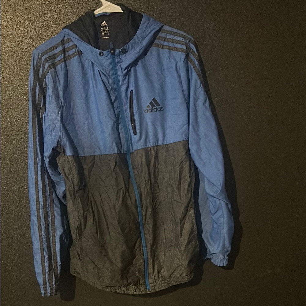 Adidas Blue and Black Windbreaker Jacket with Hood